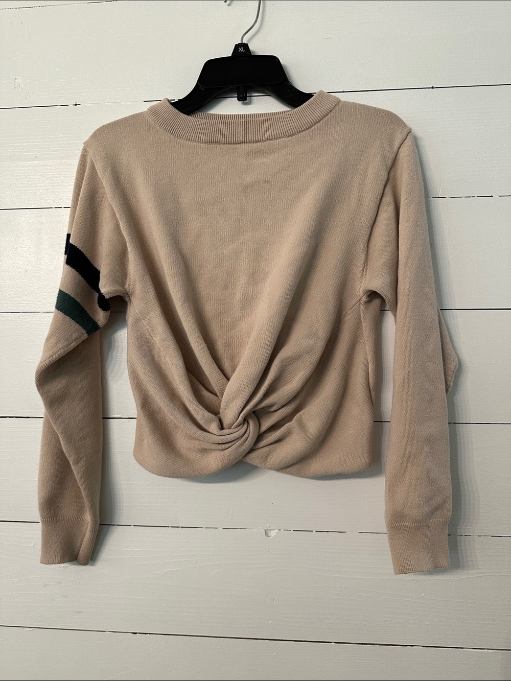 Current Air Beige Twist-Front Sweatshirt with Stripe Accent